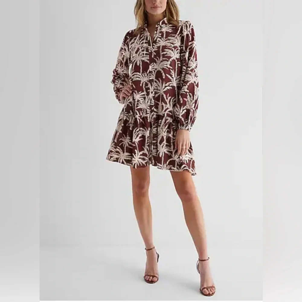 Express Printed Ruffle Hem Oversized Shirt Dress - Picture 1 of 8